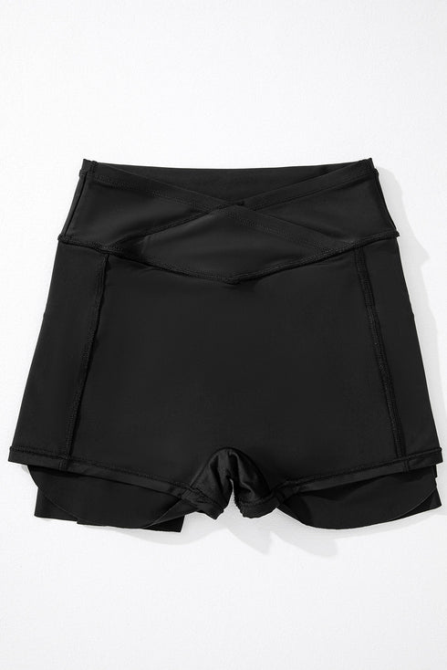 Solid Pocketed Crossover High Waist Swim Skort
